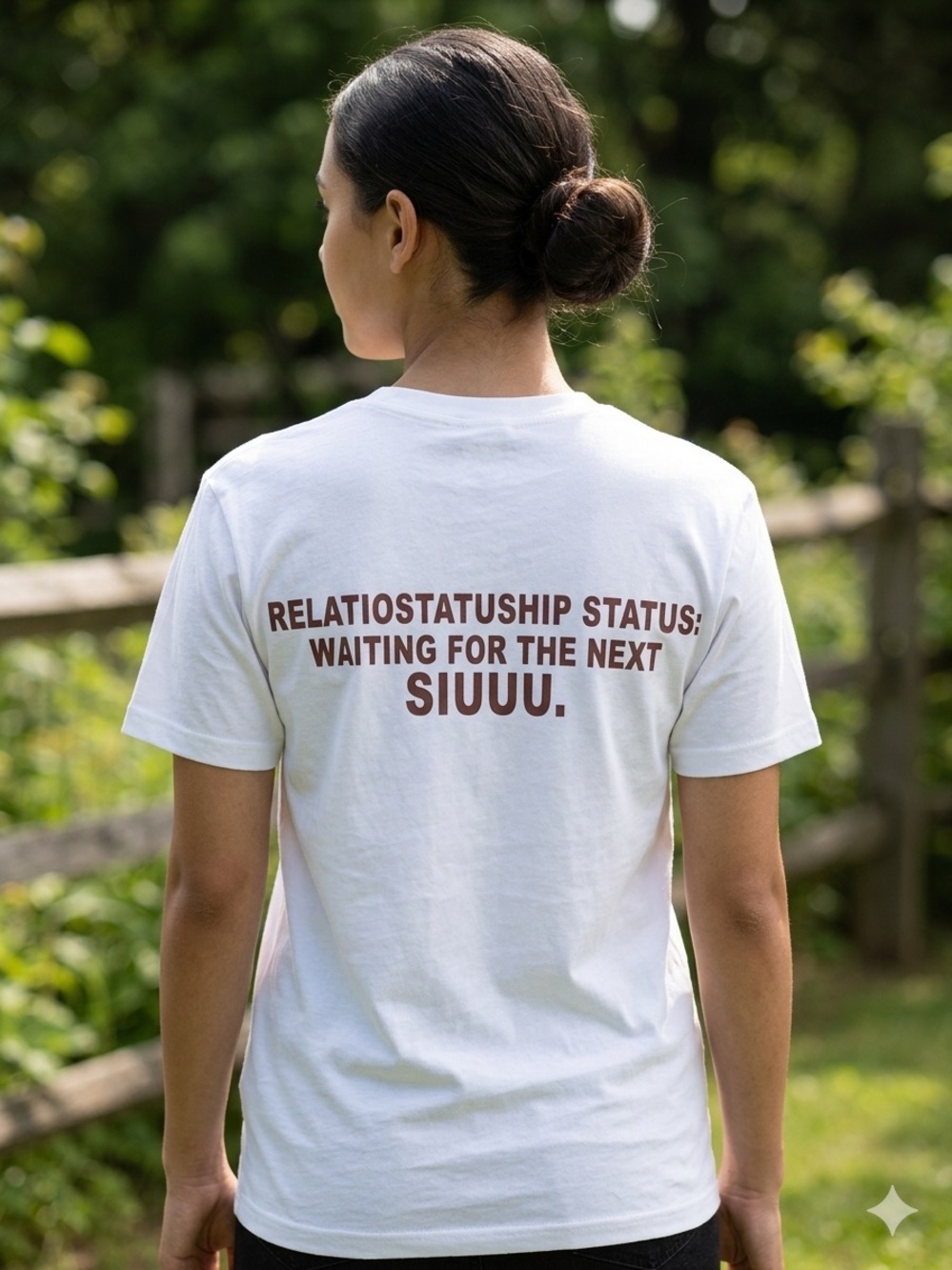 White Graphic Tee with Brown 'Siuuu' Back Print